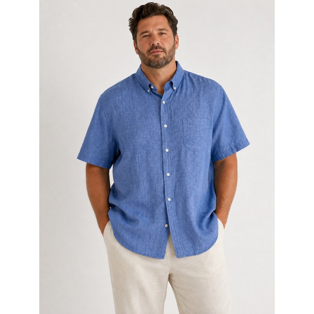 Cremieux Classics 100% Linen Blue Short Sleeve Button Down Shirt Men XXL Casual